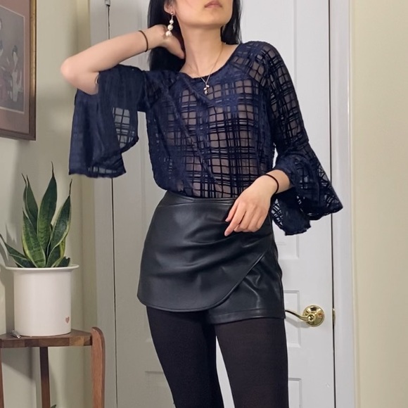 Lauren Conrad Navy Sheer Velvet Top Blouse with Bell Sleeves - Picture 1 of 13